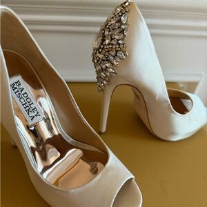 Badgley Mischka Ivory Peep-Toe Heels with Embellishments